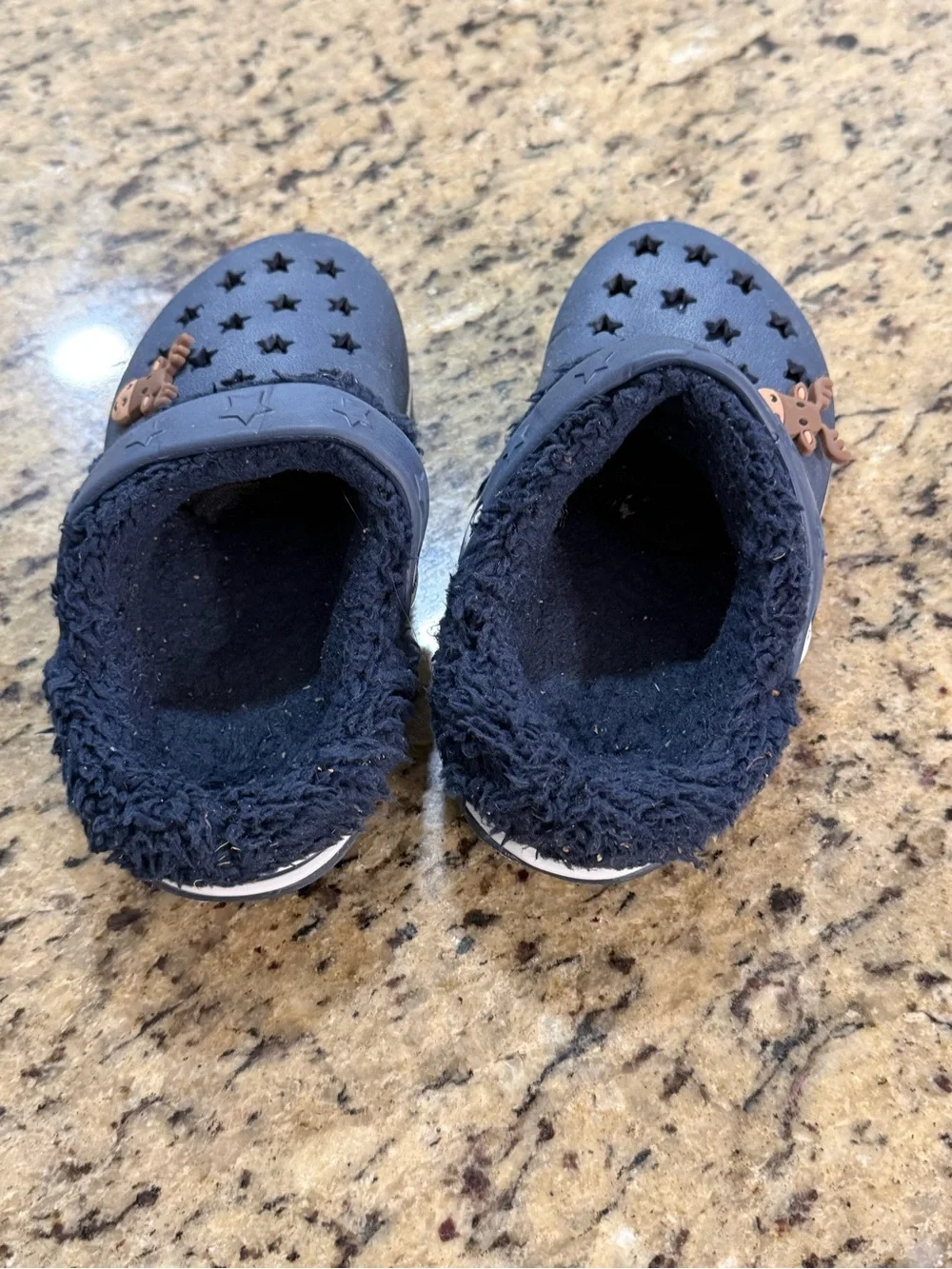 CROCS Navy Fleece-Lined Star Clogs with Brown Charm